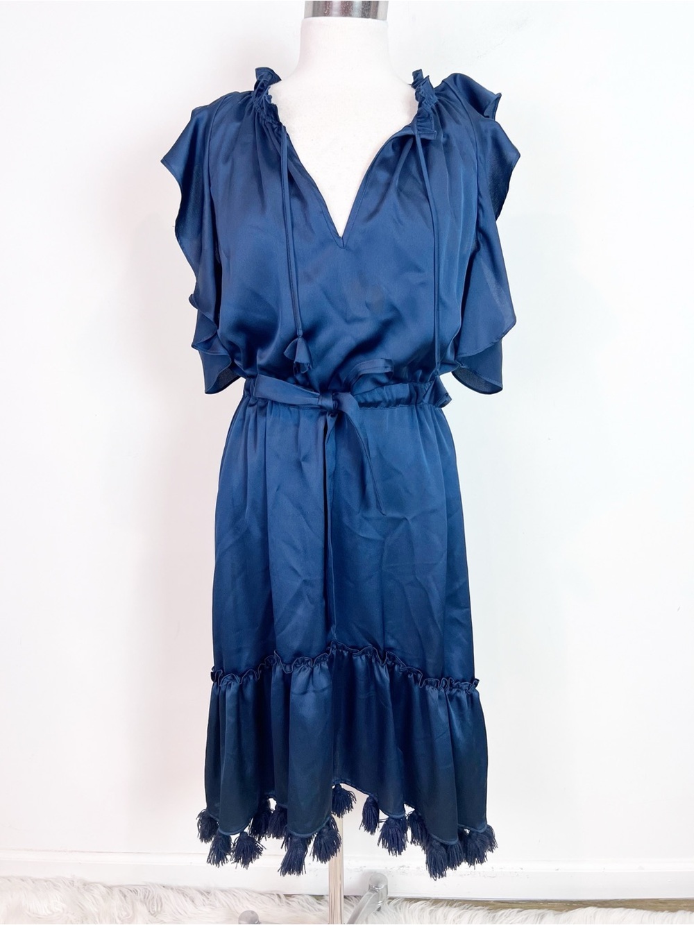 MISA LOS ANGELES LENORA BLUE SILKY RUFFLE DRAWSTRING WAIST DRESS WOMENS MEDIUM